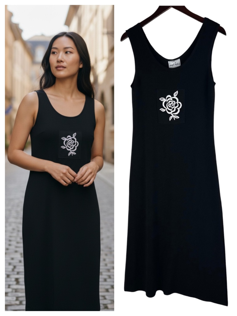 Y2K Joseph Ribkoff Tank Midi Shift Dress 8 Medium Black Rose Floral Liquid Knit